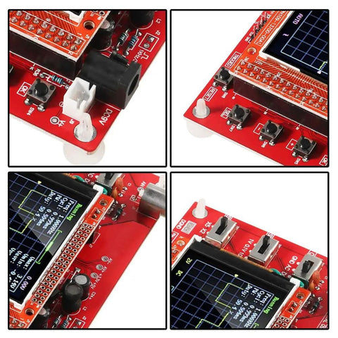 Close-up views of Open Source Digital Oscilloscope Kit with Probe and 2.4-Inch TFT Screen, showcasing board components and display