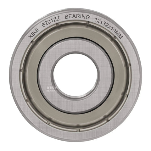 Close-up of Two Pack 6201ZZ Deep Groove Ball Bearings 12x32x9mm, chrome steel with dual rubber seals for high RPM.