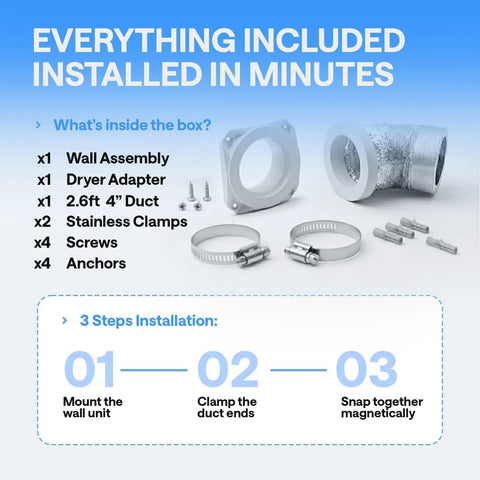 Magnetic Dryer Vent Kit For Tight Spaces With Self-Aligning Mag-Snap Connector components and installation steps