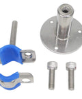 Front view of two stainless steel adjustable pipe clamp brackets for 1-inch pipe; blue rubber cushions with mounting bolts.