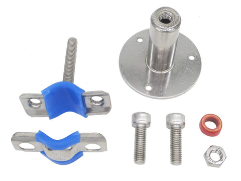 Front view of two stainless steel adjustable pipe clamp brackets for 1-inch pipe; blue rubber cushions with mounting bolts.