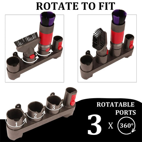 Attachment Mount Holders For Gen 5 Dyson Vacuum Series V15 V12 V11 V10 V8 V7 With Docking Station Storage Rack showing rotatable adapters.