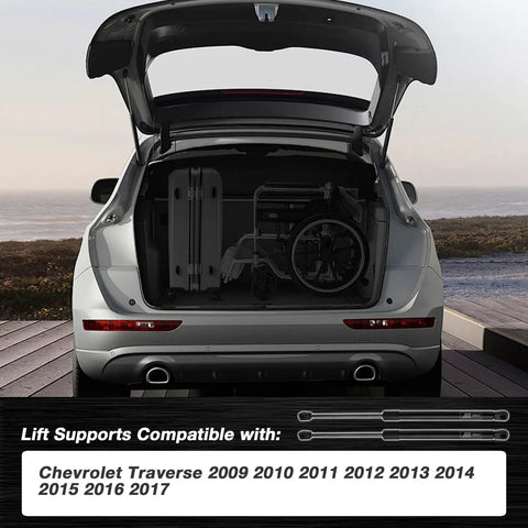Open tailgate of Chevrolet Traverse showing gas struts pair, compatible 2009-2017 Chevy models, easy lift and support feature