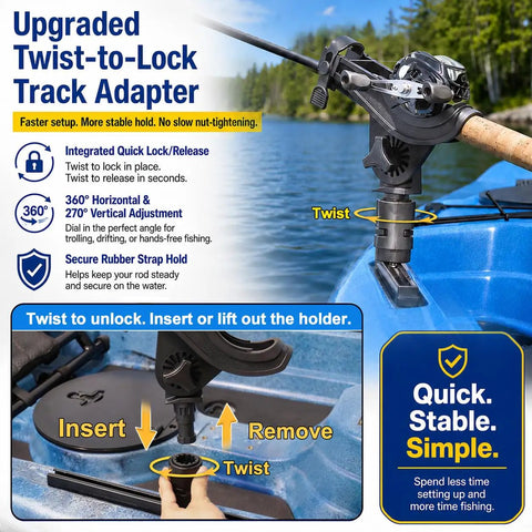 Kayak Track Rod Holder With Twist To Lock Adapter, 360 Degree Adjustable Track Adapter For Spinning And Baitcasting Reels, Rock Solid One Piece Design, Quick Setup Kayak Fishing Accessory Pack Of 1 mounted on kayak track