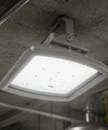 Heavy Duty 185W LED Explosion Proof Flood Light UL844 Rated Class I Division 2 mounted on industrial ceiling.