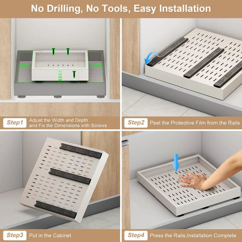 Kickass Pull Out Cabinet Organizer With No Sweat Adhesive Mount For Kitchens Expandable From Fourteen To Twenty One Inches Wide And Seventeen To Twenty Four Inches Deep Easy DIY Placement showing installation steps.