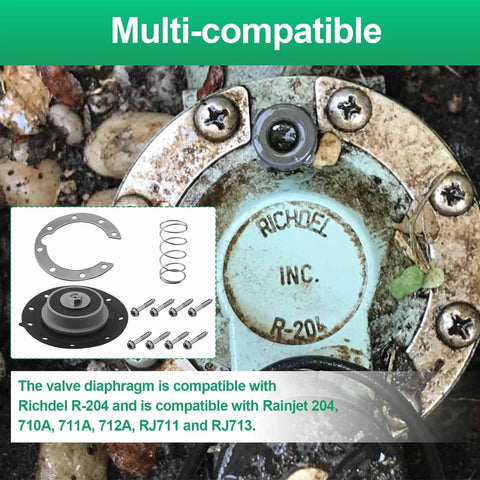 Front view of valve diaphragm kit for Irritrol, Richdel, and Rainjet valves; includes diaphragm, spring, gasket, screws.