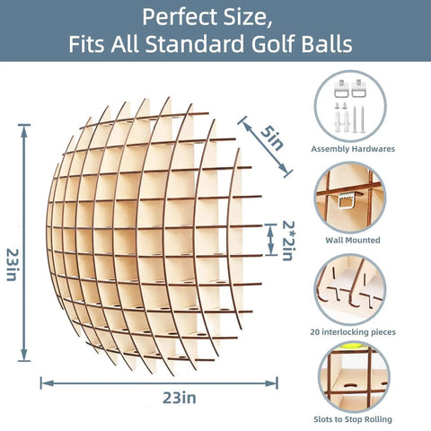 Rad Ball Shaped Golf Ball Display Case For Collectors, Holds Up To 78 Golf Balls, 23in wood unit with assembly hardware