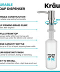 Diagram of spot-free stainless steel soap dispenser with 17 oz capacity and durable brass pump, highlighting key features.