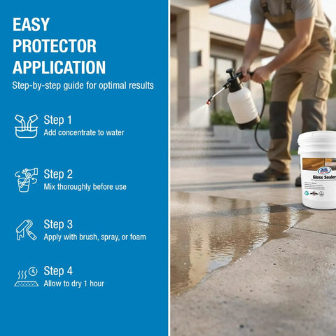 Person applying SP-1104 Gloss Sealer 5 Gallon Ready To Use Wet Look Water Repellent using a spray on concrete surface.