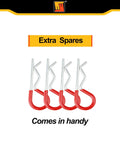 Four extra red rubber-grip clips for Five Eighths Inch Trailer Hitch Pin Set With Four Inch And Five And One Half Inch Shanks Zinc Plated