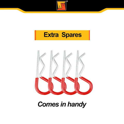 Four extra red rubber-grip clips for Five Eighths Inch Trailer Hitch Pin Set With Four Inch And Five And One Half Inch Shanks Zinc Plated