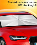 Foldable Car Windshield Sun Shade Umbrella With UV Block Coating Keeps Interior Cool On Blazing Hot Days installed on red car.