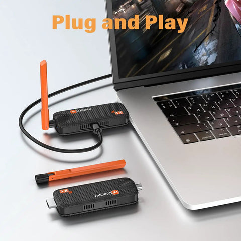 Laptop connected to Wireless HDMI Transmitter With Two Receivers And Up To Six Displays Simultaneously 165 Feet 5.8GHz Range