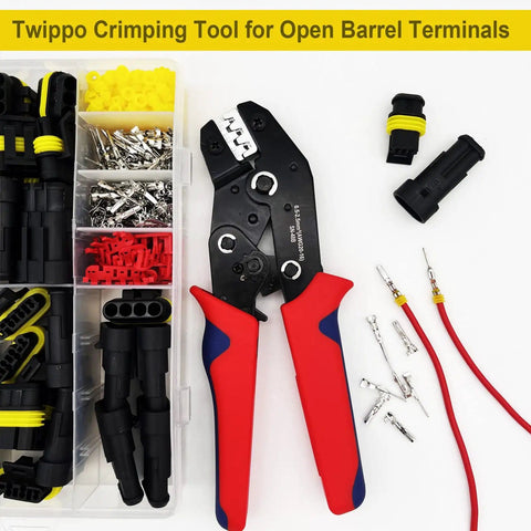 800Pcs 50Set Waterproof Automotive Electrical Wire Connector Kit with 1-6 pin connectors and ratchet crimping tool displayed