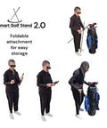 Person assembling Cart Bag To Stand Conversion Kit With Lightweight 8oz Aluminum Attachment, anti slip grip, and steel rope cord.