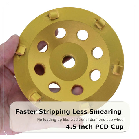 4.5 inch PCD cup wheel held in hand, showcasing design for fast stripping, not related to Nine Piece 7 Inch PCD Cup Grinding Wheel Set