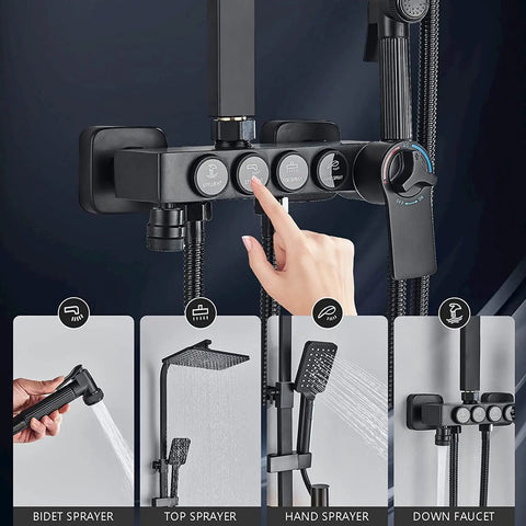 Dope Matte Black Outdoor Shower System With Thermostatic Control showing rain shower head and hand sprayer on wall mount kit