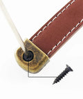 Close-up of Brown Box Leather Handles 6 Pack for Furniture Cabinets and Drawers Vintage Antique Style Pulls with included screws.
