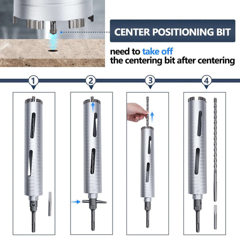 Front view of a 2-1/2 in diamond dry-core drill bit with 10 in depth and 5/8-11 thread; includes SDS adapters.