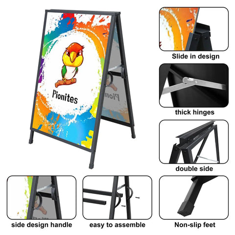 Heavy Duty Slide In A Frame Sidewalk Sign 24x36 Inches Double Sided Steel Frame, side and top detail views, black color