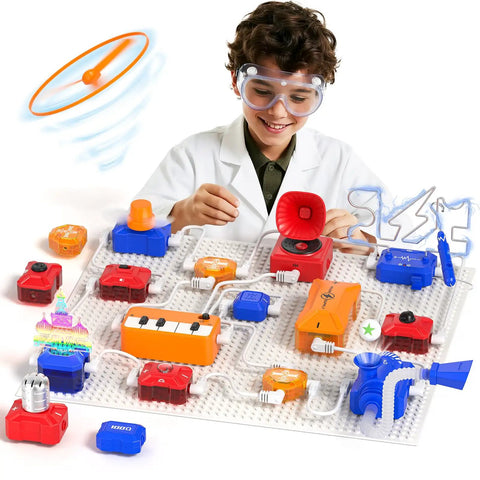 Child experimenting with Kids Electronics Exploration Kit With Over 671 Circuit Projects And Physics Experiments, wearing goggles.