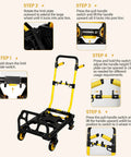 Instructions for folding hand truck cart setup, showing steps to convert from dolly to flatbed with handle adjustment and wheel positioning.