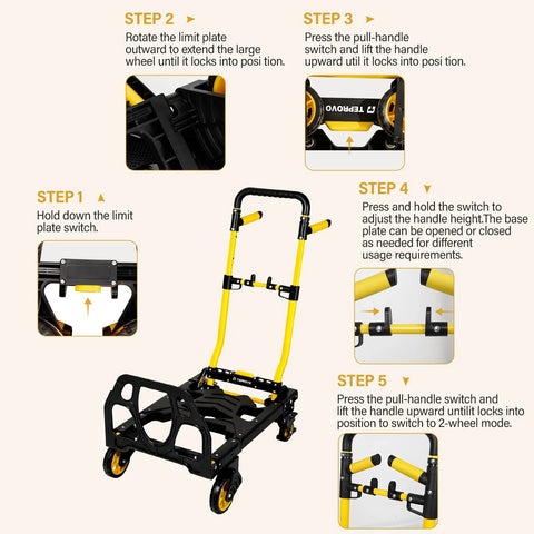 Instructions for folding hand truck cart setup, showing steps to convert from dolly to flatbed with handle adjustment and wheel positioning.