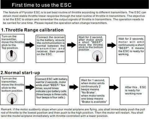 Flycolor ESC throttle calibration and startup guide with instructions for transmitter settings in RC models.