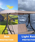 Waterproof Outdoor Swing Canopy Replacement For 2 To 3 Seater Universal Patio Cover Khaki 79x49 Inches Durable Tear Resistant Top For Porch Garden And Outdoor Swing Sets showing sun and rain protection.