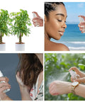 Collage of Must Have Travel Spray Bottle Set Clear Plastic Four Pack being used on plants, face, and body, showcasing versatility.