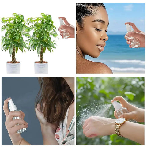 Collage of Must Have Travel Spray Bottle Set Clear Plastic Four Pack being used on plants, face, and body, showcasing versatility.