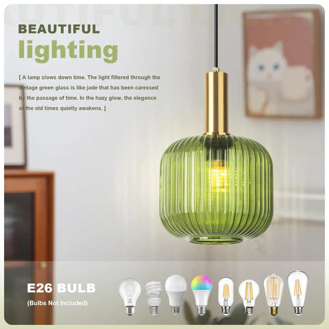 Green Glass Plug In Pendant Light With Retro Chic Mid Century Modern Vibe Brushed Gold Accents 1 Light Lantern Shade Indoor Ceiling Hanging Chandelier For Living Room Bedside Or Over Table
