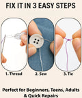 Fix it in 3 steps with Pink Sewing Kit For Quick Fixes And DIY Projects, No Fuss Beginner Hand Sewing Set With 30 Needles.