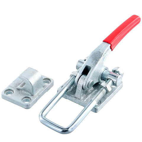 Two Pack Beefy Heavy Duty Toggle Clamp Set With 7480 Lbs Capacity Pull Toggle Latch Clamp With Adjustable Threaded U Bolt Self Lock Toggle Clamp Tool Kit For Toolbox Case And Equipment Transport, close-up of metal latch and handle.