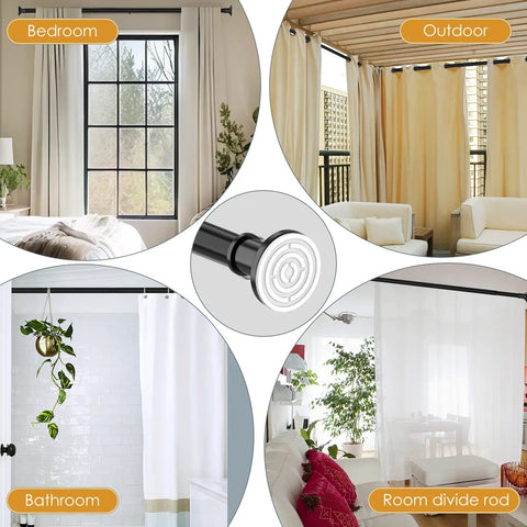 Black Long Shower Curtain Rod Tension Bar 30 To 120 Inch Adjustable Spring Heavy Duty No Drill No Slip Stainless Steel Rust Resistant Spliced Telescopic Design For Bathroom Indoor Outdoor Use displayed in different room settings