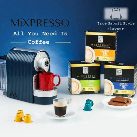 Nespresso Compatible Single Serve Espresso Machine One Touch Quick Brew Coffee Maker Compact 27oz Removable Tank with coffee cups and capsules.