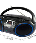 Portable CD Player Boombox with 20-Track Programmable Memory, AM/FM Stereo, Black Finish, Blue Rims, Reliable CD-R/RW Playback