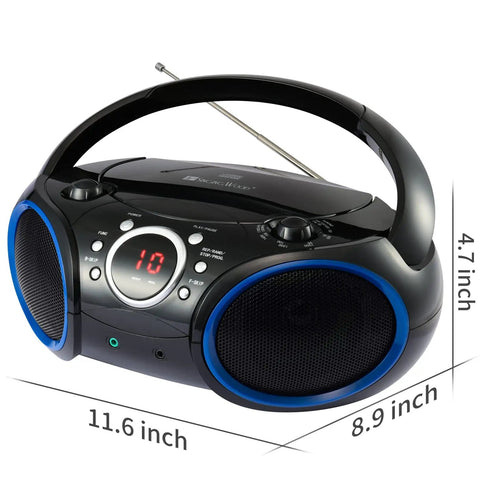 Portable CD Player Boombox with 20-Track Programmable Memory, AM/FM Stereo, Black Finish, Blue Rims, Reliable CD-R/RW Playback