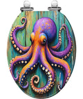 Octopus Toilet Seat Elongated Resin for Coastal Bathroom, colorful octopus design on wooden background, suitable for most toilets.