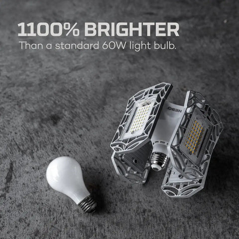 High Bright 9000 Lumen Garage Light With Adjustable Panels next to standard bulb on grey surface