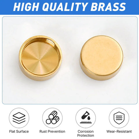 Close-up view of 16 Pack Sweet Looking Brass Decorative Screw Caps And Covers Half Inch, highlighting flat surface and rust prevention features.