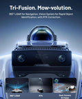 Close-up of LUBA 3 AWD 5000 Robot Lawn Mower's AI Vision and LiDAR technology with product features.