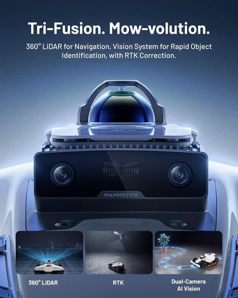 Close-up of LUBA 3 AWD 5000 Robot Lawn Mower's AI Vision and LiDAR technology with product features.