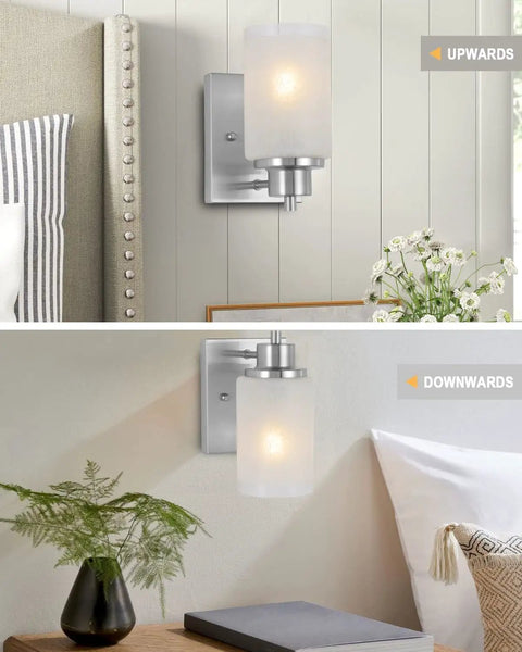 2 Pack Dope Modern Vanity Light Fixtures Wall Sconces With White Linen Frosted Glass Shades And Brushed Nickel Finish shown in bedroom setting
