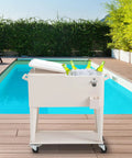 80 Quart Rolling Ice Chest Cooler Cart For Patio Parties Party Ready Stand Up Beverage Trolley With Shelf Beige Finish by pool