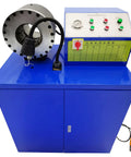 Heavy Duty Electric Hydraulic Hose Crimping Machine Featuring Twelve Crimping And Ten Skiving Dies For High Pressure Tubing One Quarter To Three Inch Sizes 220 Volt Three Phase with control panel and die holder.