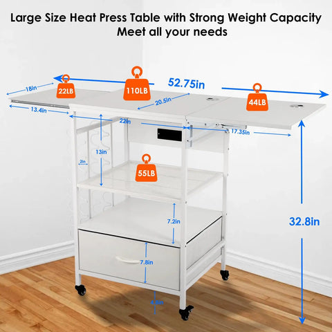 Heavy Duty Three Tier Movable Heat Press Table With Foldable Stand For Heat Transfer Machines Sublimation Printers And Cutting Tasks Hustle Ready Workhorse dimensions showing large size and strong weight capacity.