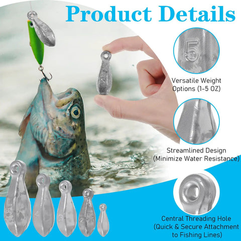 22 Piece Fishing Weights Sinkers Kit For Saltwater And Freshwater Fishing Lead Bank Sinkers In 1oz 2oz 3oz 4oz 5oz Rust Resistant Teardrop Design Made From High Density Heavy Metal For Strong Casts And More Accurate Presentations