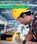 Worker using Grab And Go Portable Eye Wash Station Kit OSHA Approved Emergency Eye Wash Bottles for quick eye flushing in a workplace.